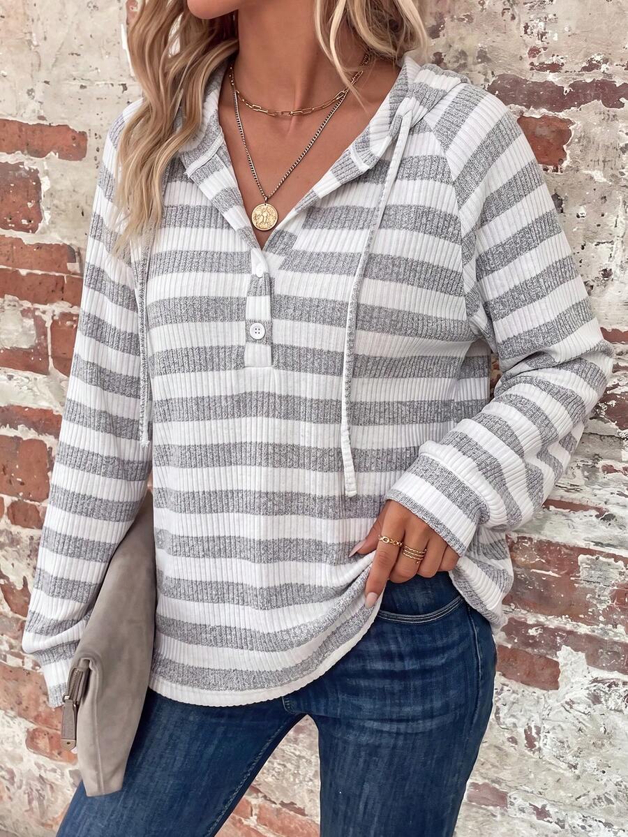 SHEIN Unity Women's Casual Striped Hooded T-Shirt, Spring/Autumn - Black and White - View 1