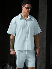 VENTUSAIL Men's Textured Soft Skin-Friendly Striped Shirt And Shorts Set - Blue - View 4