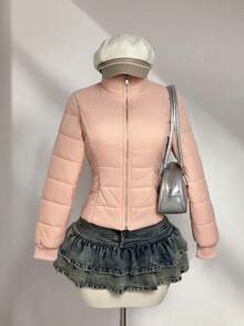 Elamini 女款秋冬休閒時尚百搭街頭風通勤派對口袋收腰棉墊外套 - 西瓜粉 - 查看 6