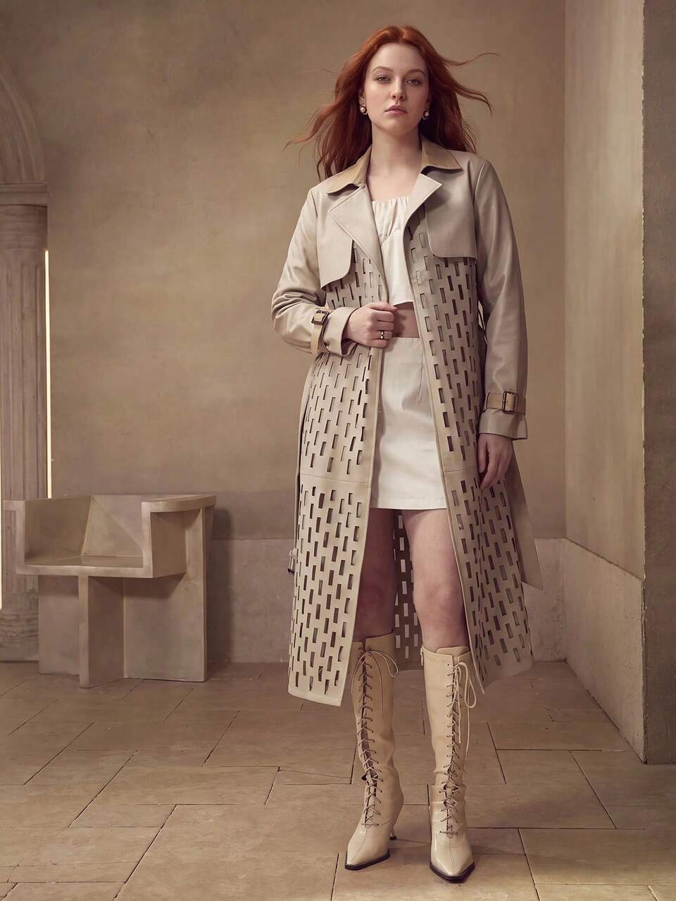 MOTF WOMEN'S AUTUMN/WINTER FASHION HOLLOW-OUT CONTRAST COLOR PATCHWORK TRENCH COAT