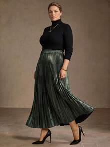MOTF PREMIUM PLUS SIZE WOMEN'S ELEGANT ELASTIC WAIST PLEATED SKIRT, SPRING/SUMMER 2026 - Dark Grey - View 3