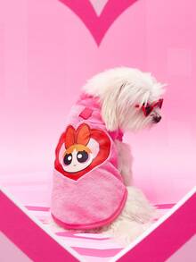 THE POWERPUFF GIRLS X PETSIN 1件刺繡大眼女孩愛心玫瑰紅保暖無袖夾克，附牽繩扣，適用於貓狗，秋冬厚絨毛，適合室內舒適時光或寒冷戶外散步 - 玫紅色 - 查看 5