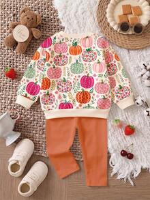 Pumpkin Apricot Orange, Cute Pastoral Colorful Pumpkin Floral Illustration Print, Young Girl Casual Minimalist Loose Crew Neck Sweatshirt & Casual Pants Set, Suitable For Autumn/Winter Daily, Farm, Halloween, Thanksgiving, Cozy Vibes, Fall Vibes - Multicolor - View 3