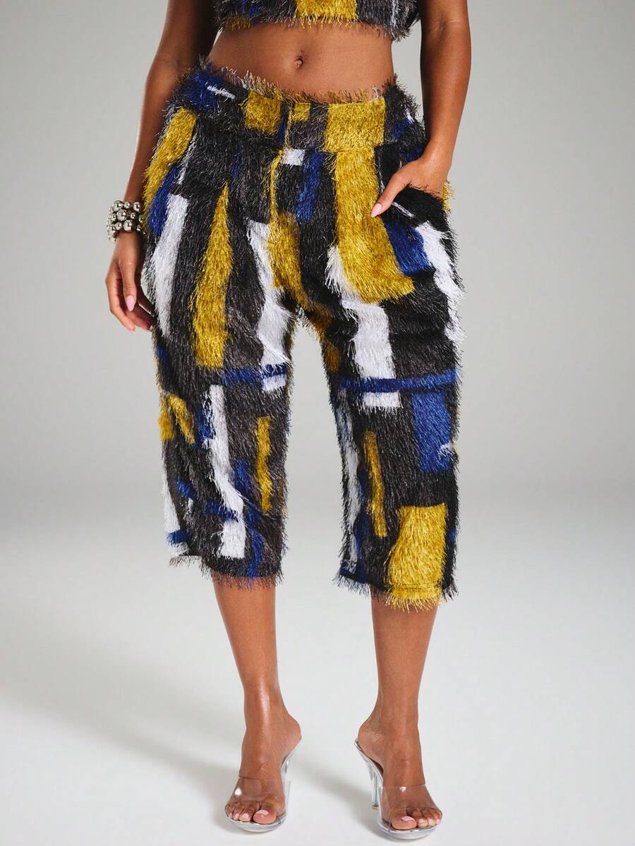 NYA SZN Cera Pant Short Capri Length Textured Abstract Print Block ...