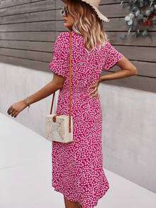 SHEIN Holidaya Ditsy Floral Tie Front Button Through Dress - Red Violet - View 2