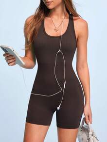 SHEIN Sovereign Charm Women's Solid Color Casual Daily Outdoor Sports Romper - Coffee Brown - View 6