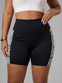 Gameset SHEIN Sport Women's Plus Size Leopard Print Patchwork Sports Shorts - Black - View 5