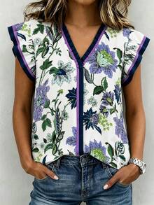 SHEIN Franclia 女款花卉印花V領荷葉邊裝飾飄逸袖上衣，度假風女款度假上衣，藍色上衣，節慶穿搭 - 紫色 - 查看 4