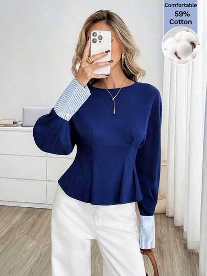 Easowa Women's Elegant Fashion Ruffle Pleated Waist Cinched Round Neck Blouse