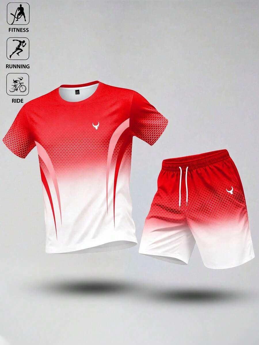 Gym Rark Men's Gradient Color Short Sleeve Top And Drawstring Waist Shorts Casual Daily Sports Set - Multicolor - View 1