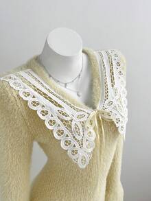 Elamini Y2K Romantic Elegant Girl Fitted Knit Sweater Dress Solid Color Lace Bow Short Autumn/Winter Tea Party Everyday Cream White - Yellow - View 4