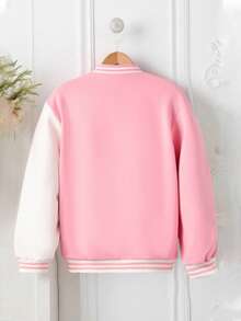 SHEIN Girls' Casual Fashion Spring/Autumn Colorful 3D Floral Contrast Color Baseball Jacket - Pink - View 9