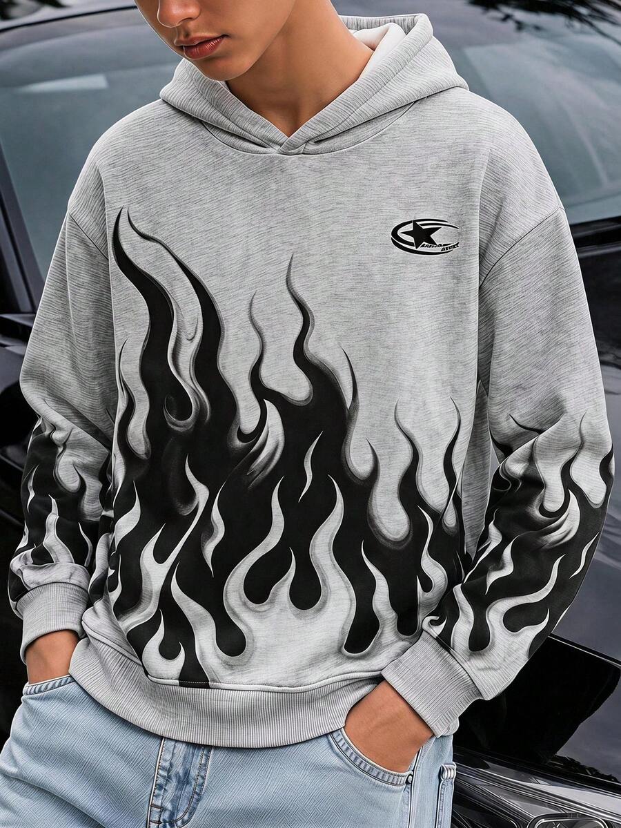 Tween Boy Flame Print Sweatshirt - Black - View 1