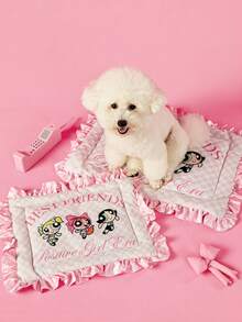 THE POWERPUFF GIRLS X PETSIN 1pc Pink Big Eyed Girl Good Friend Pink Checkered Letter Printed Pet Bed Soft And Comfortable Anti Slip Ruffled Edge Pet Bed - Multicolor - View 3