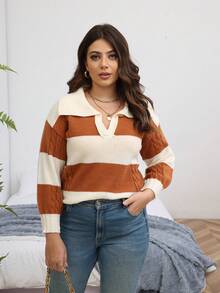 SHEIN CURVE+ Plus Two Tone Cable Knit Drop Shoulder Sweater Knit Pullover Fall Winter Sweater - White - View 7