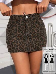 SHEIN PETITE Women's Fashionable Versatile Leopard Print Pocket Button Denim Mini Skirt - Multicolor - View 1