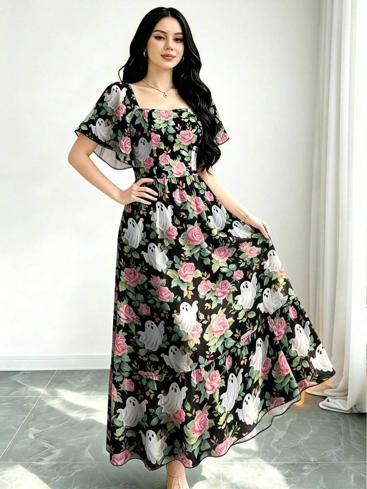Modelyn Halloween Fun Ghost Pink Floral Print Black Dress, Women's Fashion Square Neck Short Sleeve Dress, Spring/Summer Long Casual Dress, Women's Long Floral Pattern Dress, Elegant Arabic Style Outfit - Multicolor - View 3