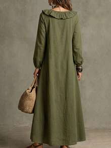 SHEIN Women's Loose Fit Long Dress With Ruffle Front Design - Green - View 2