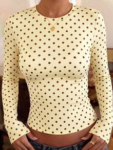 Rovax Women's Autumn/Winter Best-Selling Polka Dot Print Slim Fit Versatile All-Match T-Shirt - Multicolor - View 1