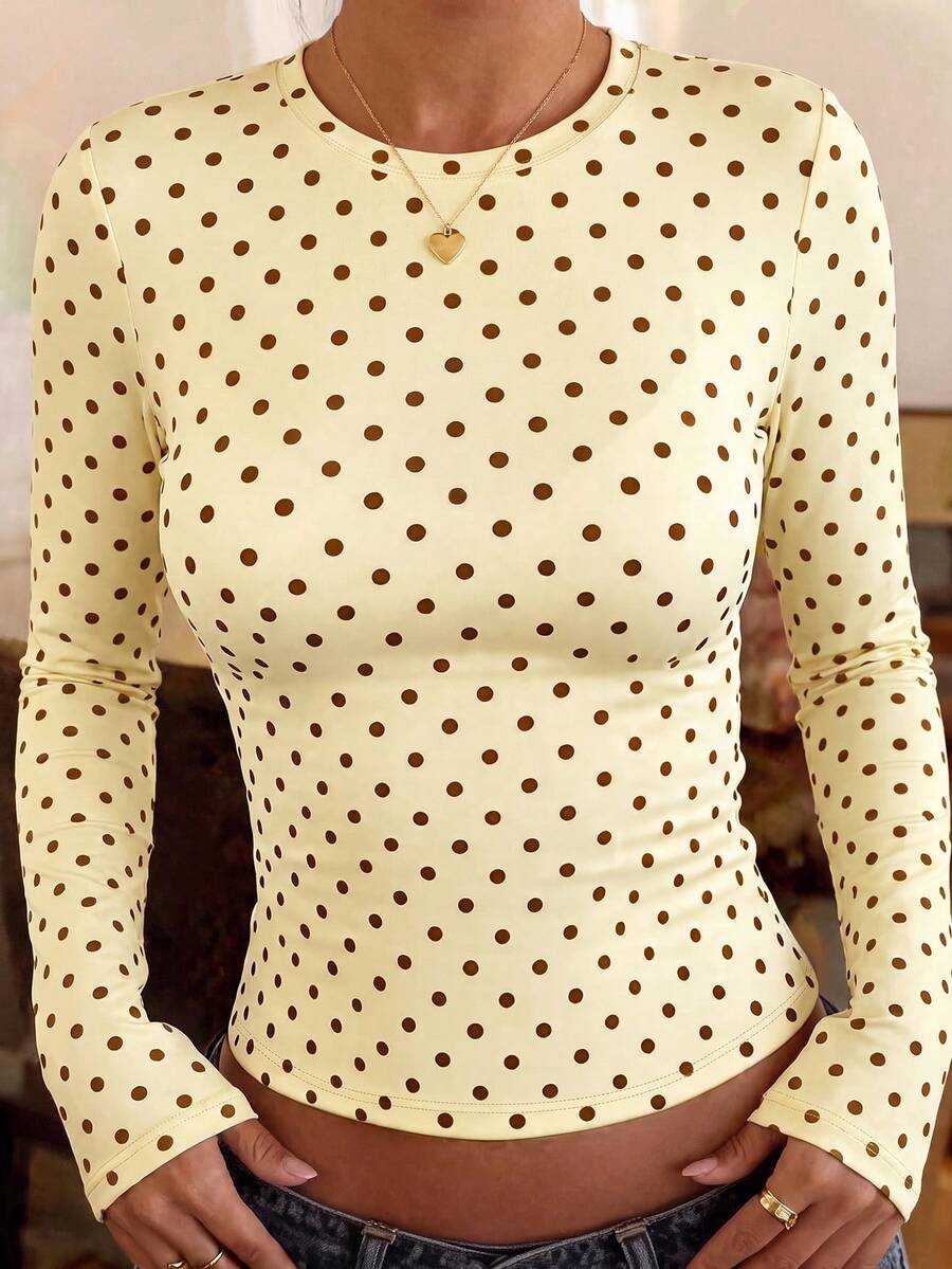 Rovax Women's Autumn/Winter Best-Selling Polka Dot Print Slim Fit Versatile All-Match T-Shirt - Multicolor - View 1