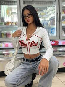 Aidyla Women's Red Slogan Striped Pattern White Fashion Zip-Up Hoodie With Drawstring Design, Long Sleeve Slim Fit Jacket, Comfortable Outerwear For Spring And Autumn, Suitable For Home, Daily Wear And Outings - White - View 4