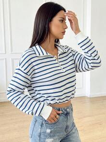 SHEIN PariChic Autumn/Winter Casual Outdoor Commute Textured Striped Fabric Drawstring Long Sleeve Sweatshirt - Blue and White - View 7