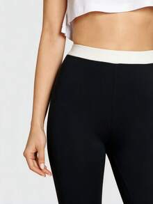 SHEIN BASICS 女款拼色高腰日常健身緊身褲 - 黑色 - 查看 3