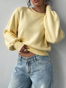 SHEIN BASICS 女款素色圓領長袖休閒寬鬆毛衣 - 黃色 - 查看 4