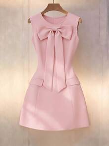 SHEIN Franclia 纯色圆领修身前蝴蝶结无袖女式连衣裙 - 粉色 - 查看 4