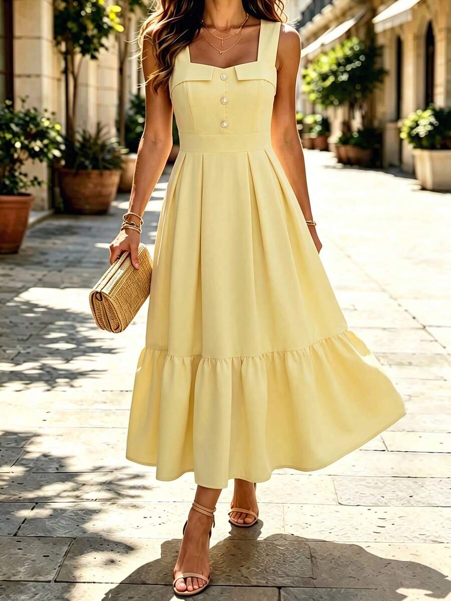 GlowEve CURVE Plus Size Sleeveless U-Neck Dress, Suitable For Casual Elegant, Daily, Vacation, Commute Party And Other Occasions Butter Yellow Summer - Yellow - View 1