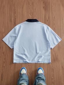 SWAVVY 男士字母條紋短袖休閒 Polo 衫 - 藍色 - 查看 4