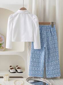 SHEIN Elladie kids 幼女幼童秋冬優雅花卉提花大蝴蝶結翻領鈕扣襯衫外套與寬腿褲休閒2件套服裝套裝 - 藍色 - 查看 2