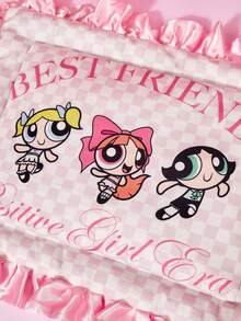 THE POWERPUFF GIRLS X PETSIN 1pc Pink Big Eyed Girl Good Friend Pink Checkered Letter Printed Pet Bed Soft And Comfortable Anti Slip Ruffled Edge Pet Bed - Multicolor - View 7