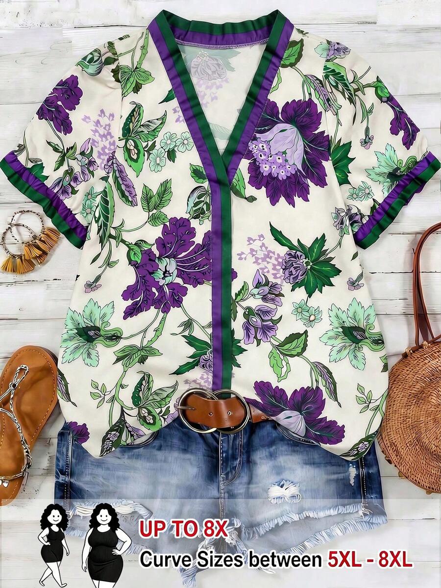 SHEIN CURVE+ 大码梭织印花休闲度假夏季女式衬衫 - 紫色 - 查看 1