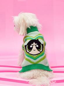 THE POWERPUFF GIRLS X PETSIN 1件綠色愛心可愛卡通提花高領寵物毛衣，超彈力保暖，讓貓狗舒適時尚，柔軟透氣面料，適合室內依偎或戶外散步 - 綠色 - 查看 2