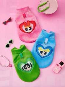 THE POWERPUFF GIRLS X PETSIN 1件刺繡大眼女孩綠色保暖無袖外套，附牽繩扣環，適用於貓狗，秋冬厚絨毛，適合室內保暖或戶外安全散步 - 綠色 - 查看 10