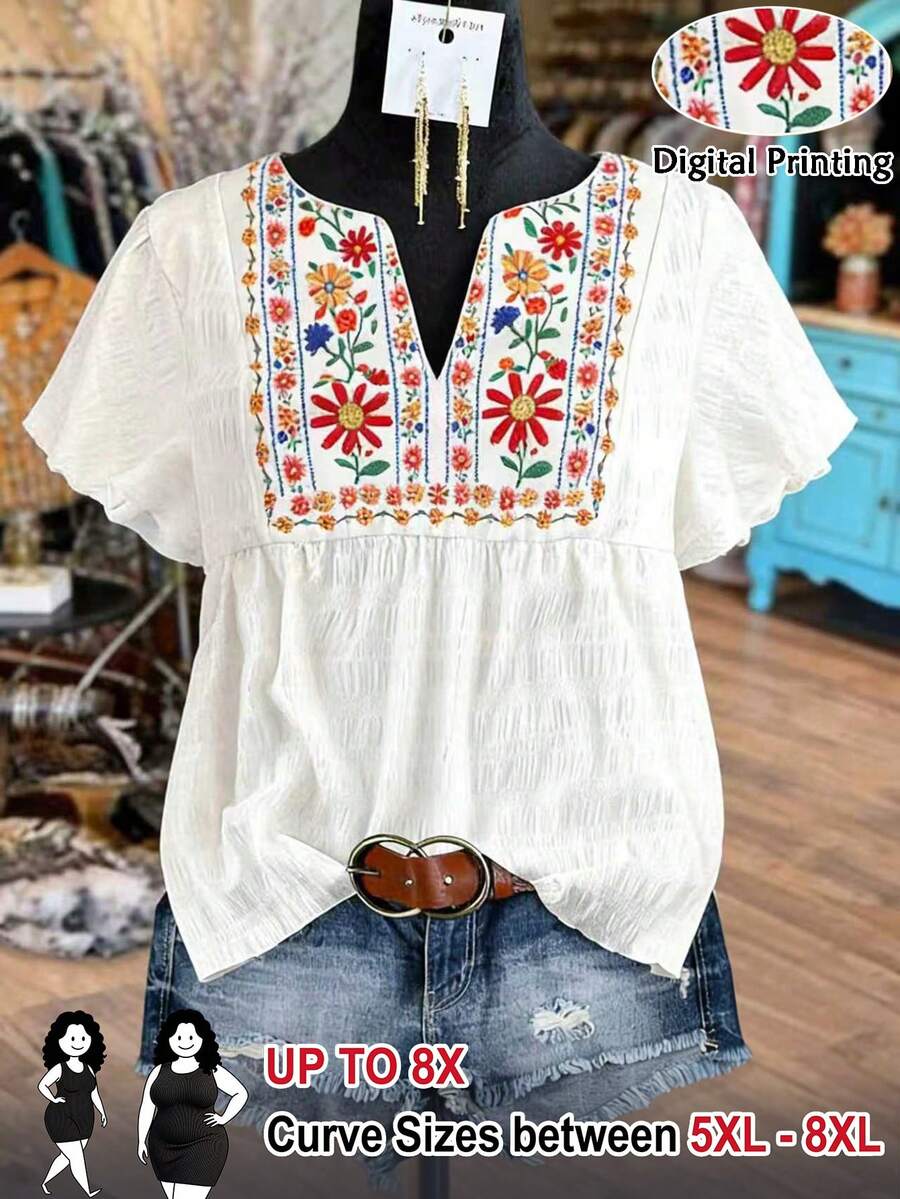SHEIN CURVE+ 春夏荷葉袖荷葉下擺V領仿刺繡印花通勤休閒度假優雅多場合白色大尺碼上衣 - 白色 - 查看 1