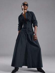 LYSMO Women's Front Button Long Side Slit Dress Dinner Office Black Autumn Elegant - Navy Blue - View 1