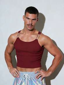 FeverCity Men's Cotton Ribbed Slim Fit Sexy Charming White Tank Top - Burgundy - View 3