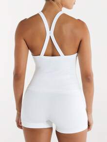 11SKNDS Ribbed Knit High Neck Sleeveless Tank Top With Cross Back Strap Detail Slim Fit Versatile Summer Essential With Sweat-Wicking, Stretchy, Breathable, Quick-Dry & Buttery-Soft, For Gym Workout Fitness Yoga Pilates Studio, Running, Training & Hy-Rox - White - View 4