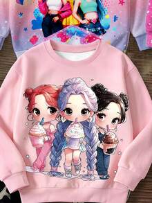 女童休閒卡通女團 K-Pop 超級巨星款 厚實柔軟舒適圓領套頭運動衫，適合秋冬，3件/組隨機圖案 - 彩色 - 查看 3