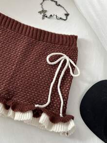 Elamini Colorblock Contrast Trim Ruffle Bow Decor Playful Cute Versatile Autumn/Winter Sweater Skirt - Brown - View 4
