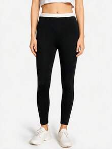 SHEIN BASICS 女款拼色高腰日常健身緊身褲 - 黑色 - 查看 8