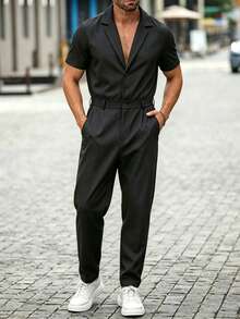 Manfinity Homme Men's Jumpsuit And Overalls, Short Sleeve Long Pants Style, Black Cool-Touch Wrinkle-Resistant Fabric, Mature Casual Style - Black - View 1