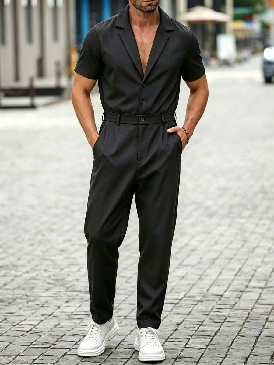 Manfinity Homme Men's Jumpsuit And Overalls, Short Sleeve Long Pants Style, Black Cool-Touch Wrinkle-Resistant Fabric, Mature Casual Style - Black - View 1