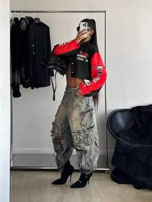 StreetHx Women's Streetwear Motorcycle Style Letter Print Long Sleeve Jacket Going Out Night Out Black And Red Autumn - Black - View 5