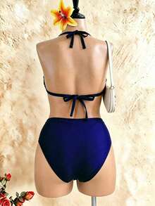 Swim SXY Set Bikini Segitiga Metalik Model Halter 2 Potong Ukuran Plus, Pakaian Renang Seksi untuk Liburan Pantai - Biru - View 2