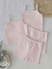 SHEIN 女童兒童春夏細肩帶上衣與短褲套裝 2件式內衣套裝 素色與多色可選 - 淺粉色 - 查看 7