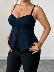 Elenzga Plus Size Elegant Casual Colorblock Spaghetti Strap Tank Top With Hem Slit And Button Design, Suitable For Daily Wear, Beach Vacation, Dating, Party, Spring/Summer - Navy Blue - View 4