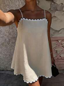 Cévolie Women's Colorblock Casual Daily Summer Spaghetti Strap Dress - Khaki - View 3